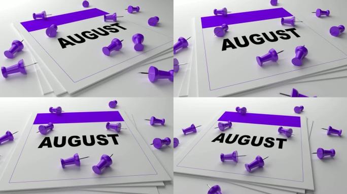 白色背景上的紫色8月日历，紫色别针