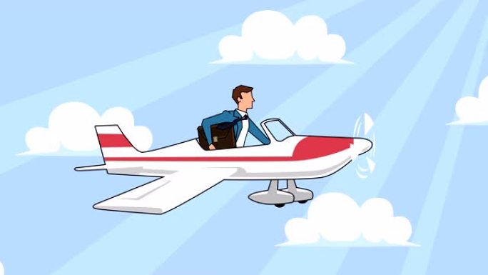 平面卡通商人人物，带箱包，红色飞机动画，带阿尔法哑光