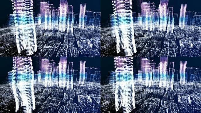 未来大城市概念的能源动力，霓虹灯网络光摩天大楼商业区建筑仿真技术数字飞越视图，蓝色主题4k运动图形镜