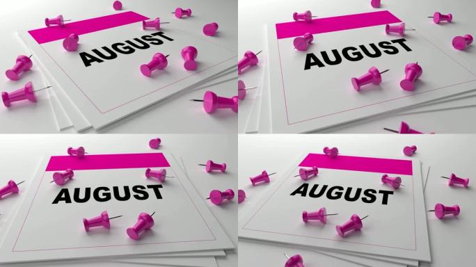白色背景上的粉色8月日历，粉色别针