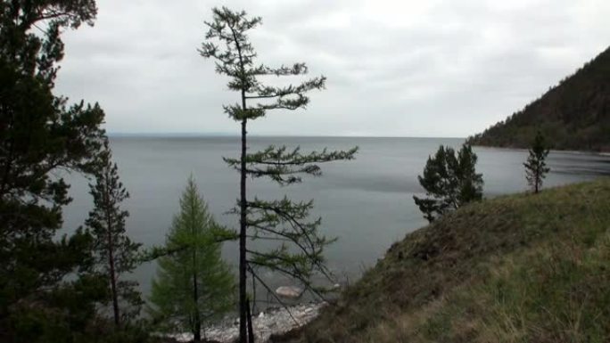 多山的海岸和光滑的石头在贝加尔湖的清水下特写。