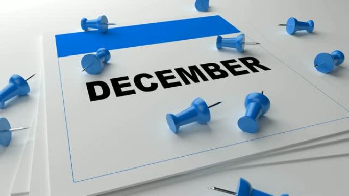 白色背景上的蓝色12月日历，蓝色别针