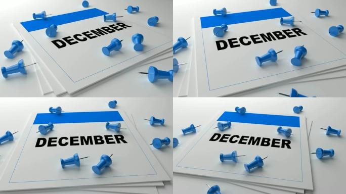 白色背景上的蓝色12月日历，蓝色别针