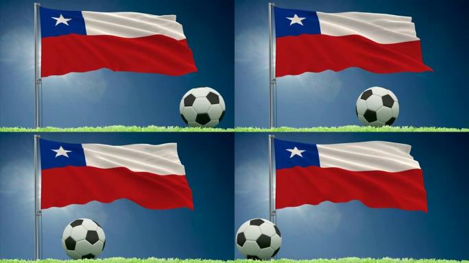 智利国旗飘扬，足球滚动，3d渲染