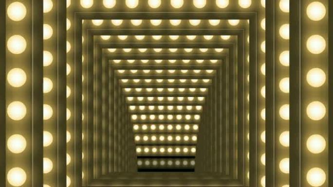 隧道白炽灯泡盒框架方形移动图案，复古3D虚拟风格插图在黑暗背景中发光无缝循环动画4K，带复制空间