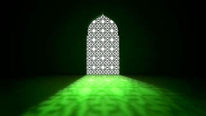 伊斯兰内部清真寺的窗户或门，里面有射线光束。斋月卡里姆伊斯兰运动背景。3d动画。