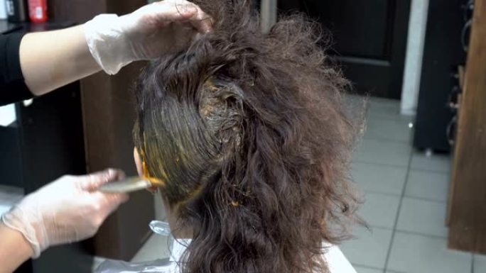 女美发师在理发店给女孩涂头发，然后涂上棕色油漆。头发护理。特写。后视图。4K。