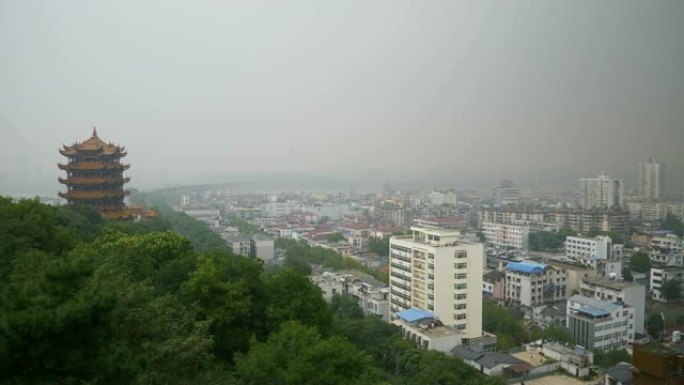 雨天武汉城市景观著名寺庙山顶全景4k中国