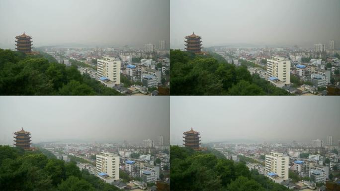 雨天武汉城市景观著名寺庙山顶全景4k中国