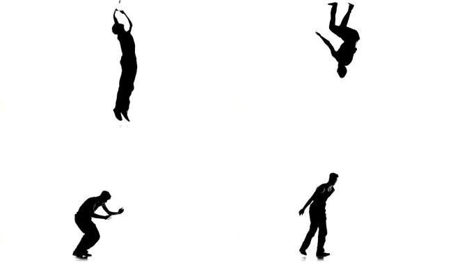 男子跳霹雳舞专业动作，白色，剪影，慢动作
