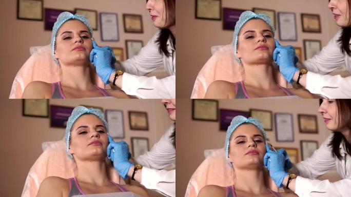 女人脸上被打针。美容院。