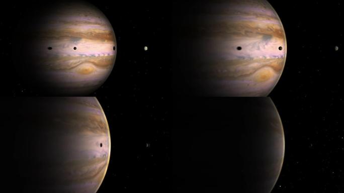 木星，木卫一和木卫二的戏剧性跟踪镜头，活跃的大气层和旋转的云层