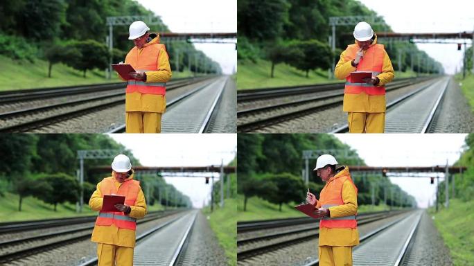 身穿黄色制服和白色安全帽的铁路工人，手里拿着文件