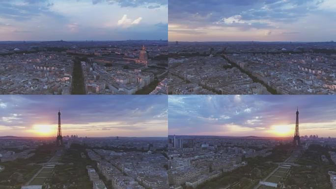 巴黎日落时埃菲尔铁塔的鸟瞰图