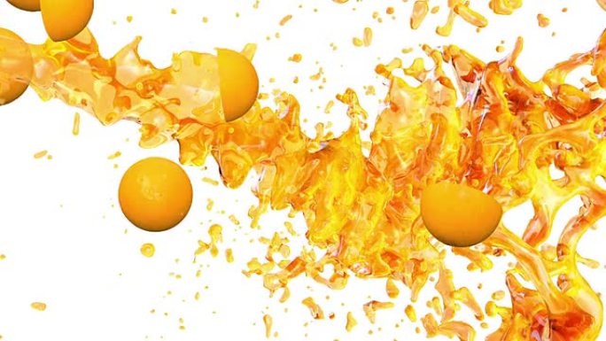 橙子和果汁。3D动画。