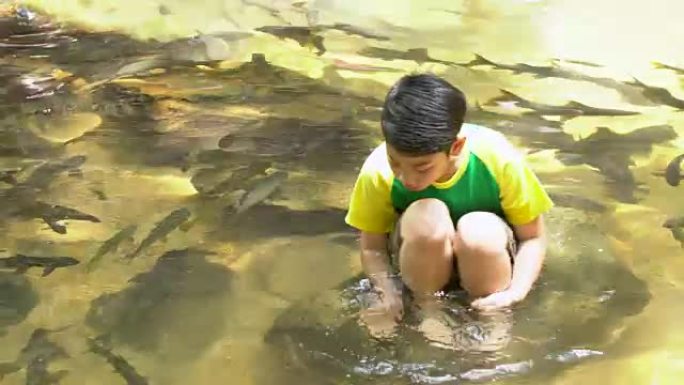 4K，年轻的亚洲可爱男孩坐在河里玩耍。