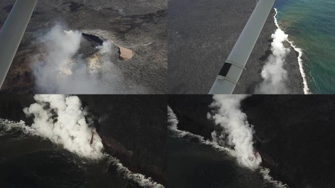 夏威夷大岛熔岩流火山口和熔岩水从空中坠落4号飞机