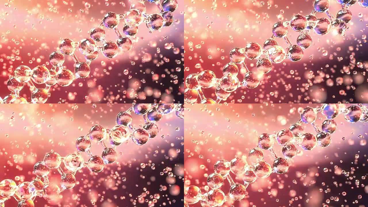 纺丝的对角DNA分子和透明的液滴，浅焦点。生物化学、现代医学或基因研究相关的可循环动画