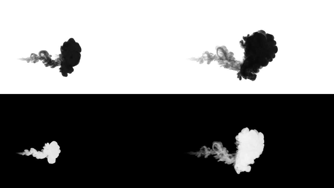 一股墨水流，注入黑色染料云或烟雾，墨水以慢动作注入白色。黑色漂浮在水中。漆黑的背景或烟雾背景，用于墨