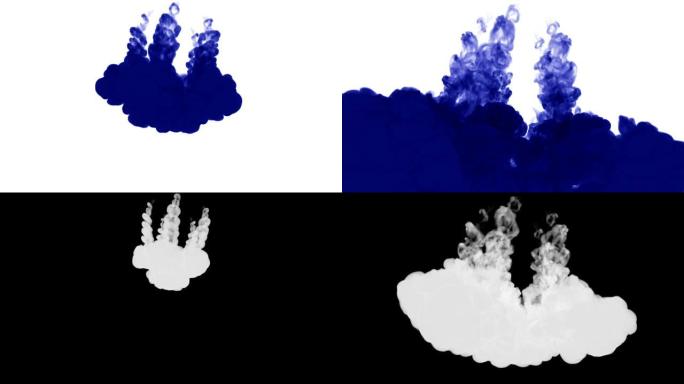 大量流动的孤立的蓝色墨水注入。蓝色颜料在水中旋转，以慢动作射击。用于带有烟雾或墨水效果的漆黑背景或背
