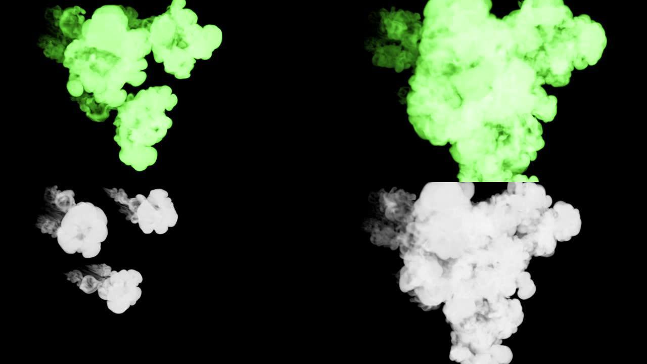 荧光亮绿色染料泡在水中，多滴墨水。这是慢动作的3d渲染拍摄，用于与阿尔法通道合成的墨水背景或墨水效果