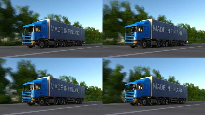 拖车上带有芬兰制造标题的超速货运半卡车。公路货物运输。无缝循环全高清剪辑