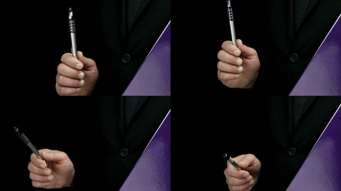 拿着紫色文件夹的商人用笔做手势。