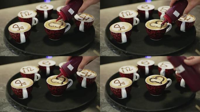 六杯咖啡，用俄语写着 “我爱你”。