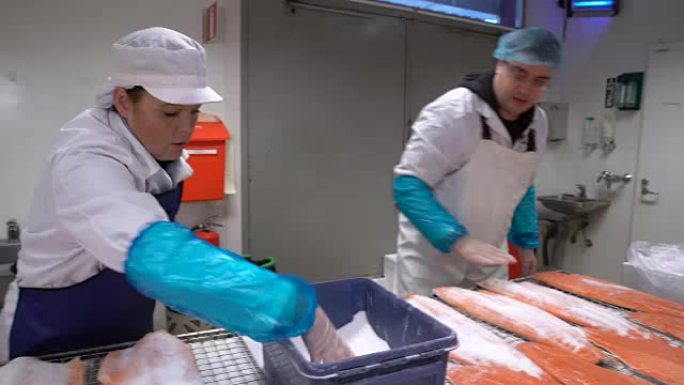 工人在鱼厂桌上的鲑鱼片上加盐