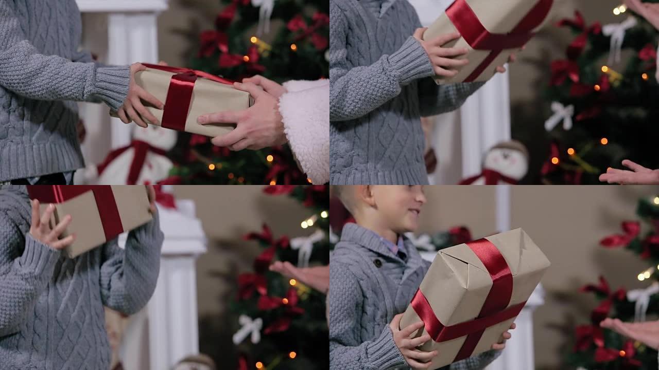 圣诞老人给男孩的礼物摇了摇耳朵