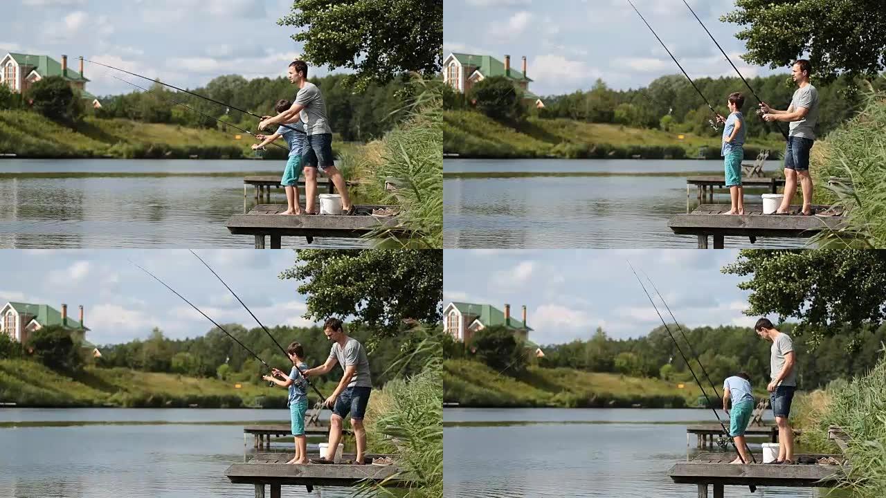 爸爸和十几岁的男孩一起在湖上钓鱼