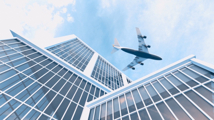 飞机飞过商务楼顶金融科技写字楼成功未来