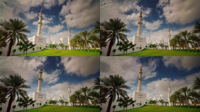阳光明媚的日子阿布扎比世界著名的白色清真寺4k延时阿拉伯联合酋长国