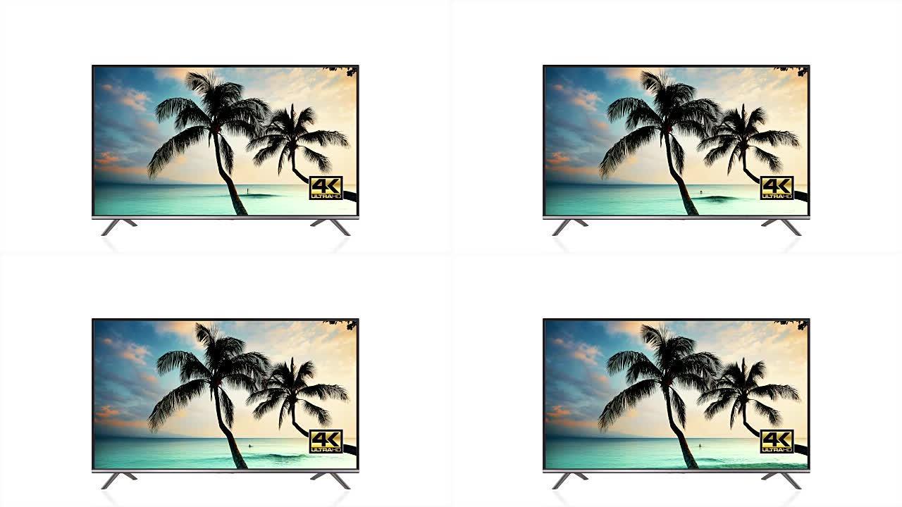 4k超高清电视、高分辨率视频超高清标志、海滩和棕榈树视频