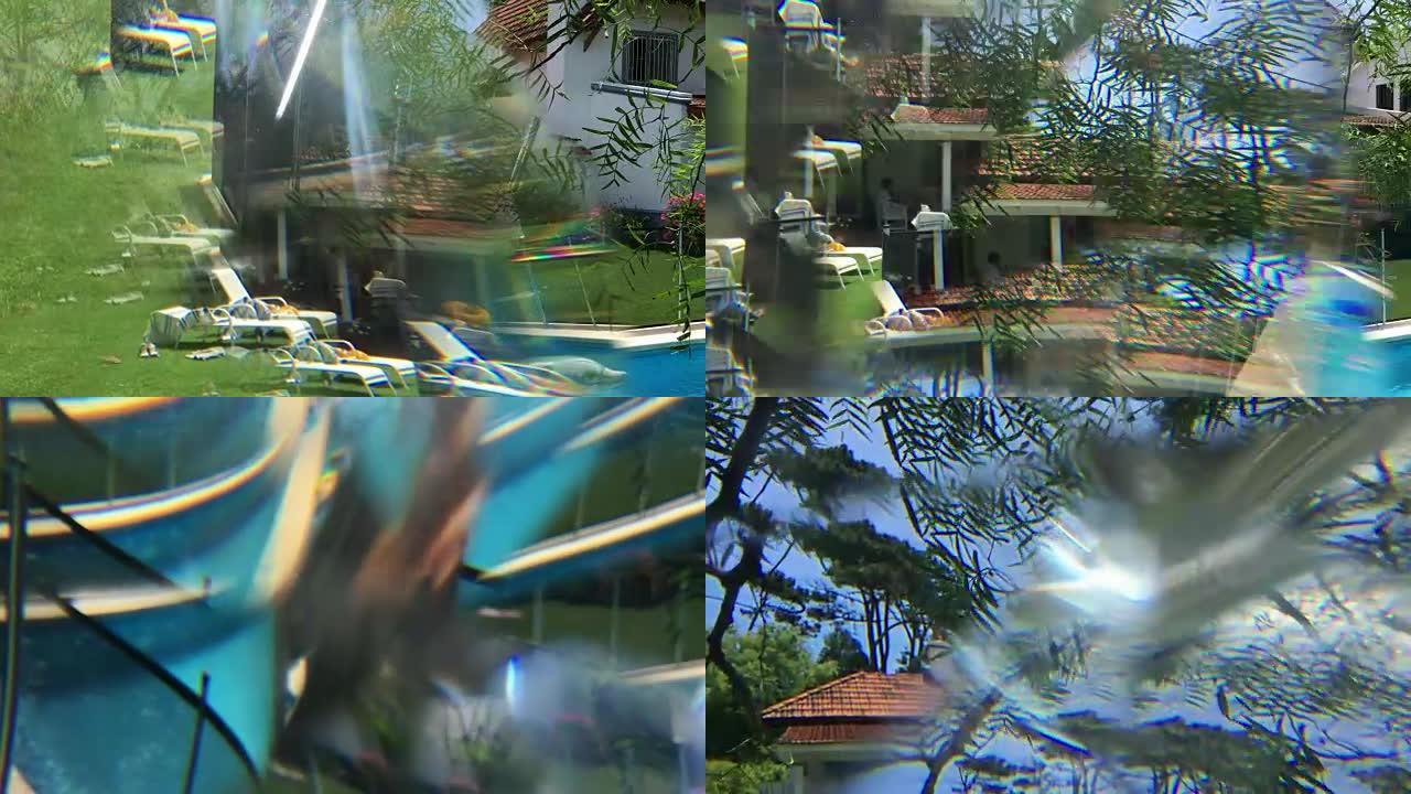 通过棱镜和畸变光效果玻璃看到的花园和暑假的艺术效果