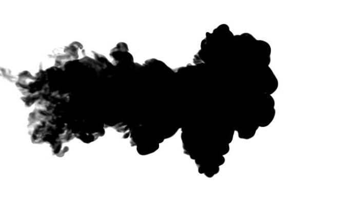 黑色墨水在白色上流动，以慢动作，墨水或烟雾注入。黑色油漆溶解在水中，以产生墨黑或烟熏的背景或墨水效果