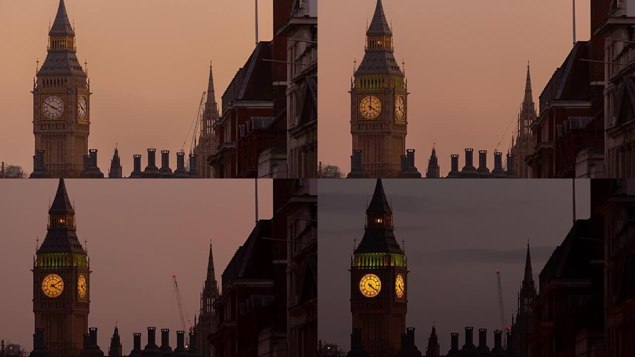 特写晚上的大本钟(伊丽莎白塔)在伦敦，英国，英国