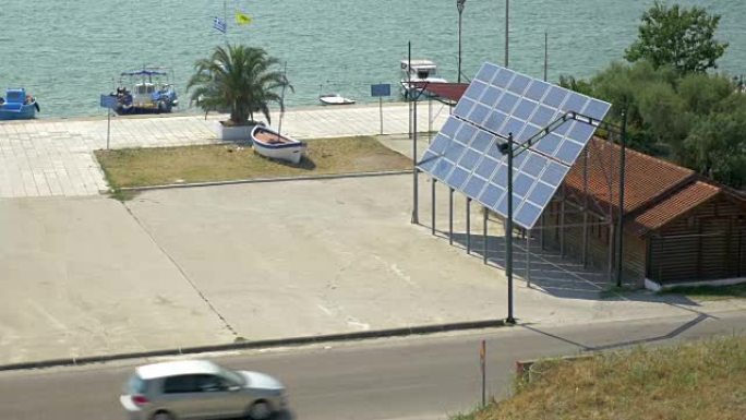 太阳能电池板码头街道海船，比雷埃夫斯，希腊