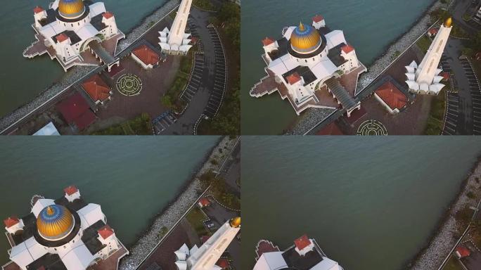 空中镜头-清真寺的日出，马六甲海峡清真寺