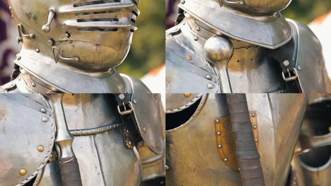中世纪骑士的古代金属盔甲