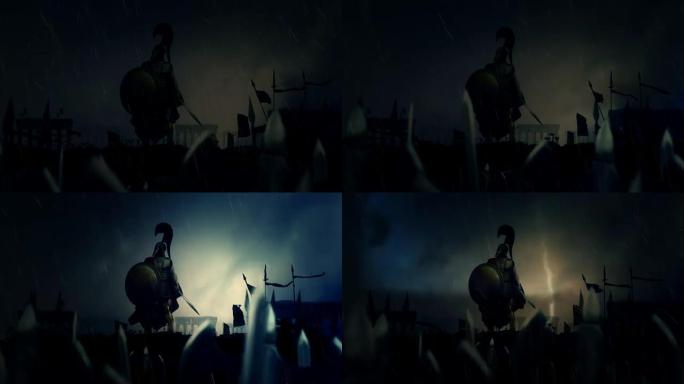 胜利的希腊士兵与盾牌和剑在闪电风暴下被大规模军队包围