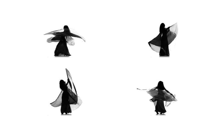 异国情调的肚皮舞者女孩在白色的翅膀上跳舞，剪影