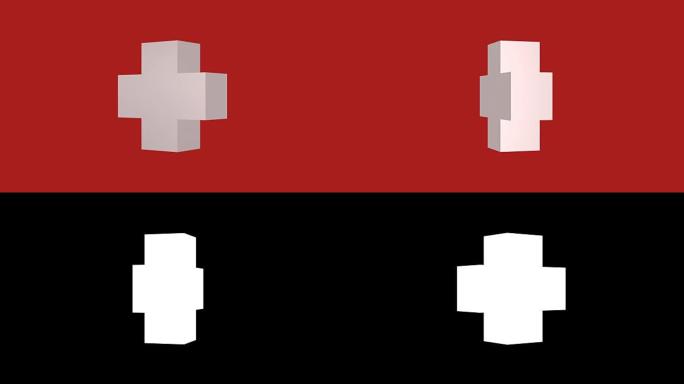 动画-3d旋转可循环白色交叉孤立在红色背景上。阿尔法哑光镜头