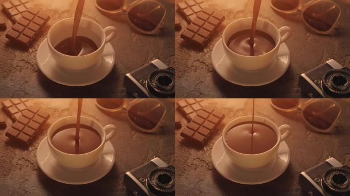 复古电影外观: 一杯巧克力，配有相机和复古太阳镜