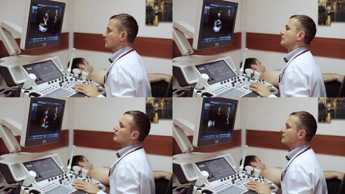 医生拍了一张超声波图，在超声波设备的屏幕上看。
