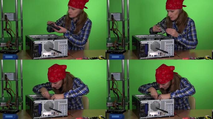 专业技术人员女孩在工作时将新硬盘安装到台式电脑中
