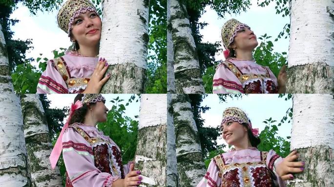 穿着民族服装的俄罗斯女孩梦想着桦木