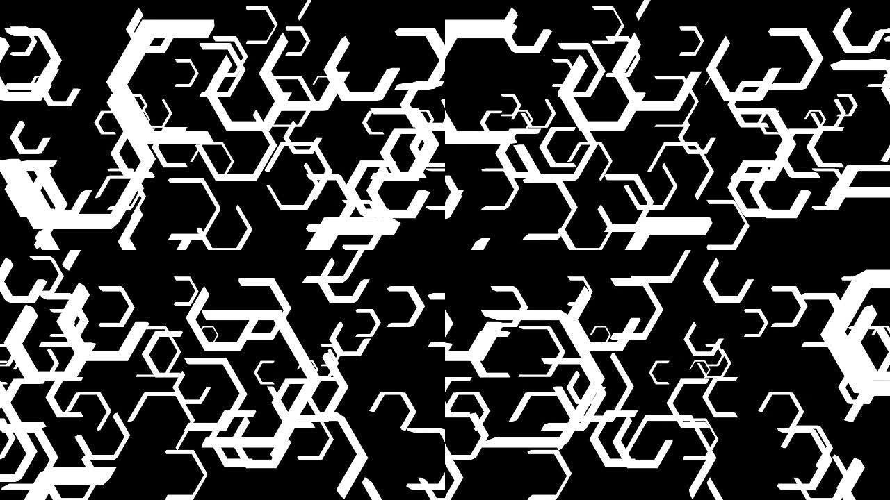 循环动画黑白六边形形状在3D空间中滚动