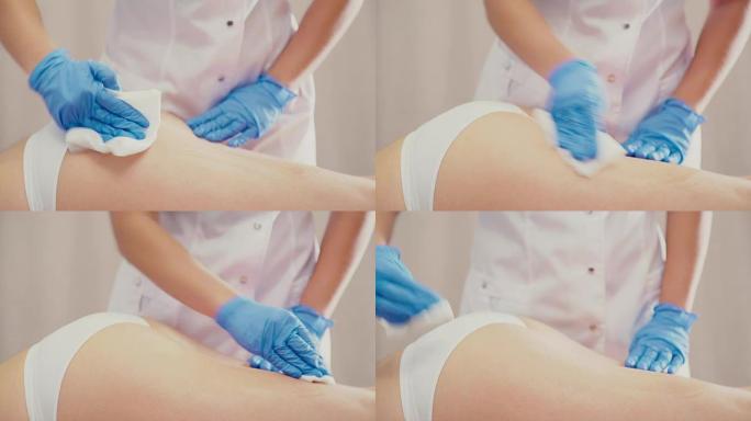 护士的特写镜头从臀部去除特殊成分