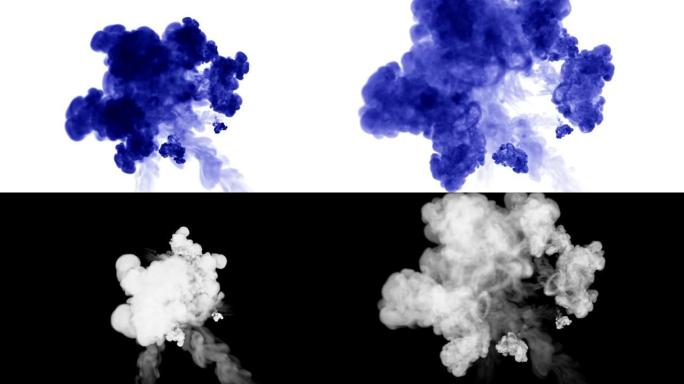 大量流动的孤立的蓝色墨水注入。蓝色颜料在水中气泡，慢动作射击。用于带有烟雾或墨水效果的漆黑背景或背景